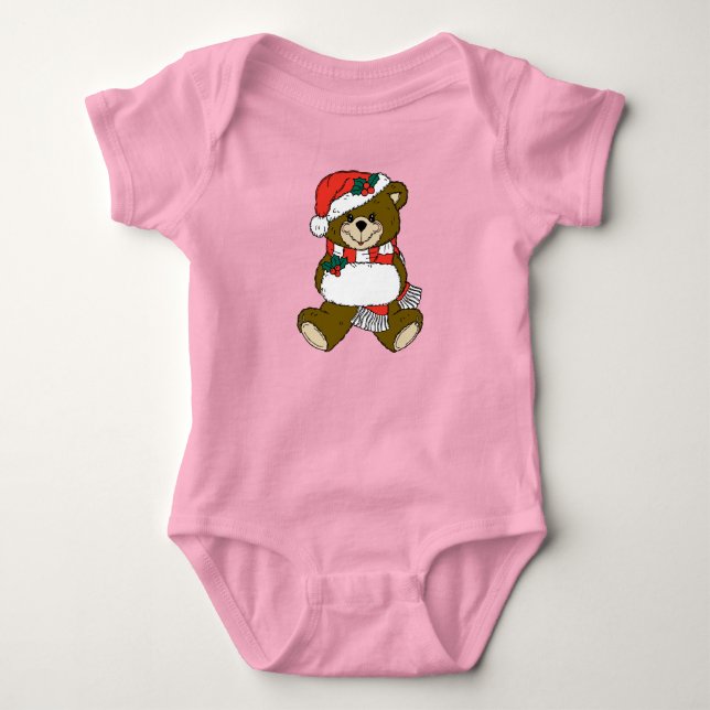 Christmas Teddy Bear with Santa Hat and White Muff Baby Bodysuit (Front)