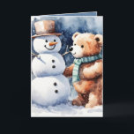 Christmas Teddy Bear With Snowman Holiday Card<br><div class="desc">Cute watercolor brown teddy bear with snowman and snowflakes
Text is editable.</div>