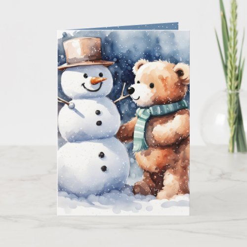 Christmas Teddy Bear With Snowman Holiday Card