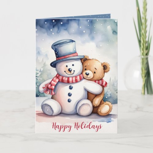 Christmas Teddy Bear With Snowman Holiday Card