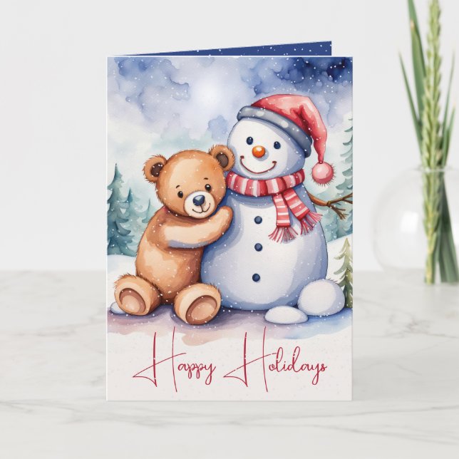 Christmas Teddy Bear With Snowman Holiday Card (Front)