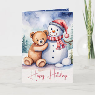 Christmas Teddy Bear With Snowman Holiday Card