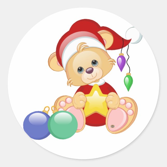 Christmas Teddy Bear with Star Classic Round Sticker (Front)