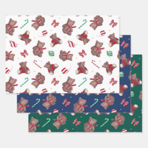 Christmas Teddy Bears Baubles Bows Wrapping Paper Sheets