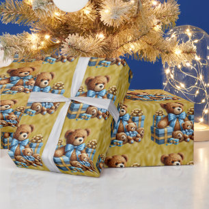 Christmas Teddy Bears In Blue and Brown Wrapping Paper