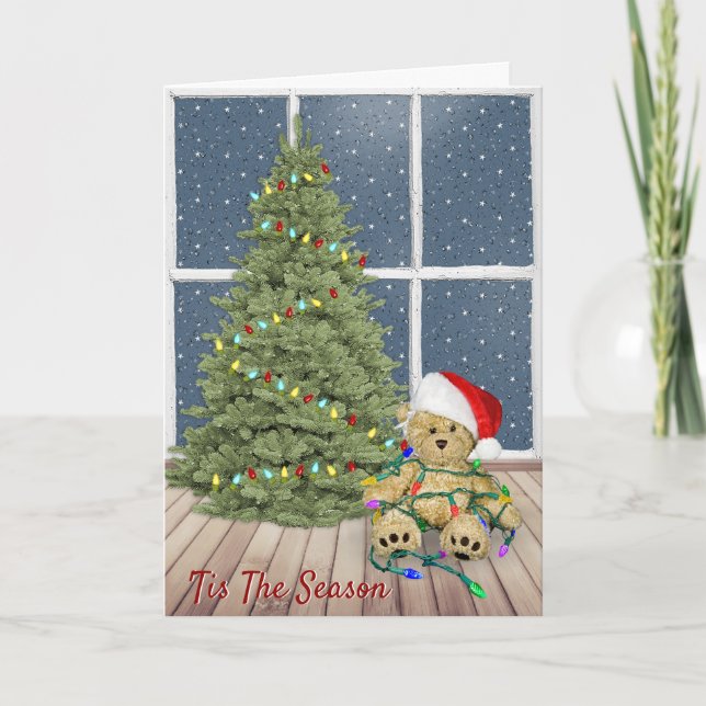 Christmas Teddy Bears In Holiday Lights Card (Front)
