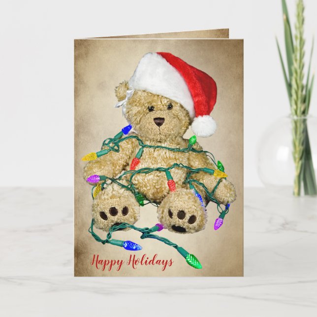 Christmas Teddy Bears In Holiday Lights Card (Front)