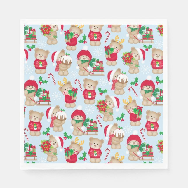 Christmas Teddy Bears in Red and Green Paper Napkins (Front)