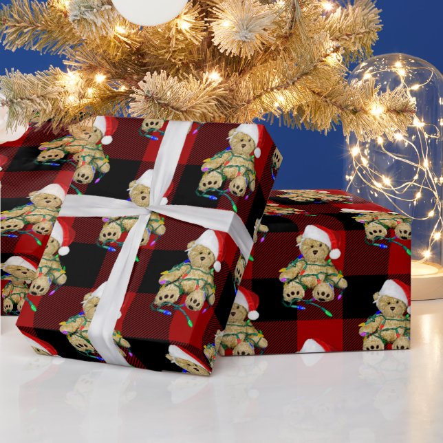 Christmas Teddy Bears On Buffalo Plaid Wrapping Paper (Holidays)