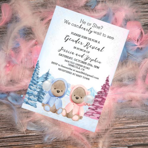 Christmas Teddy Bears Pink Blue Gender Reveal  Invitation