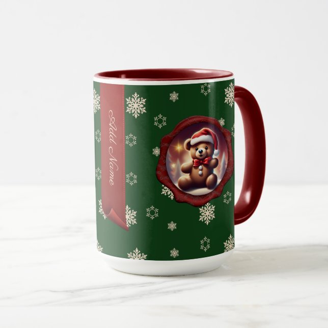 Christmas Teddy Cookie Personalized Banner Green Mug (Front Right)