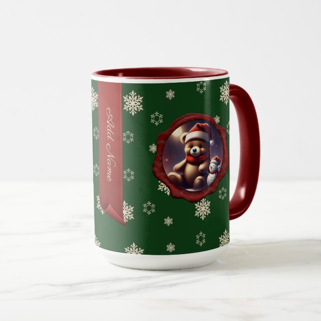 Christmas Teddy Friend Personalized Banner Green Mug (Front Right)