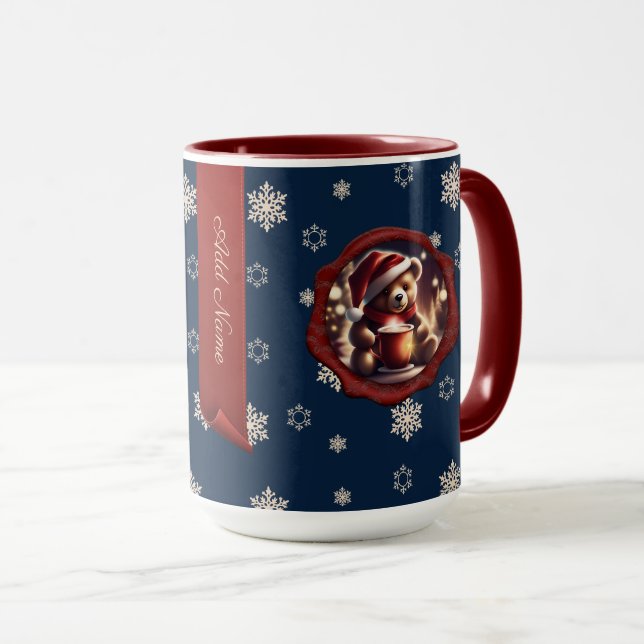 Christmas Teddy HotCocoa Personalized Banner Blue Mug (Front Right)