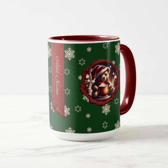 Christmas Teddy HotCocoa Personalized Banner Green Mug (Front Right)