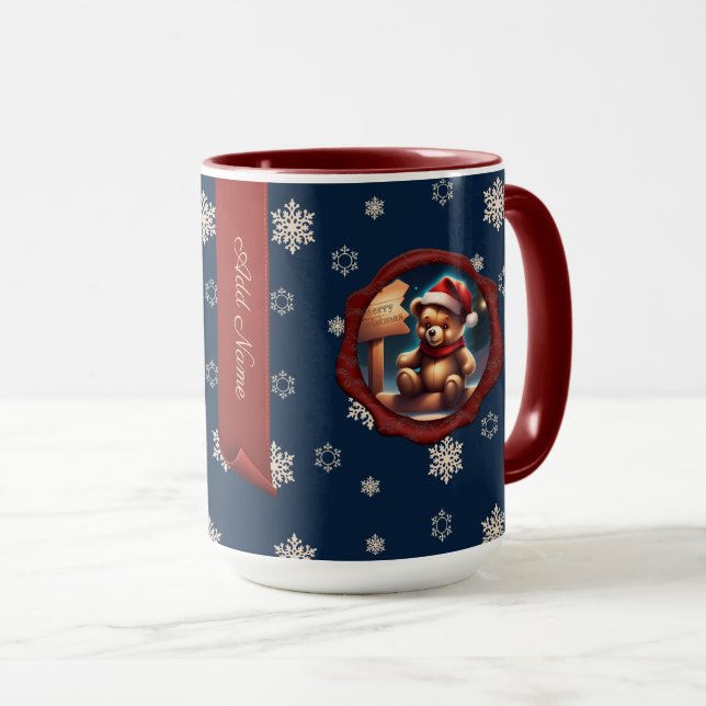 Christmas Teddy Sign Personalized Banner Blue Mug (Front Right)
