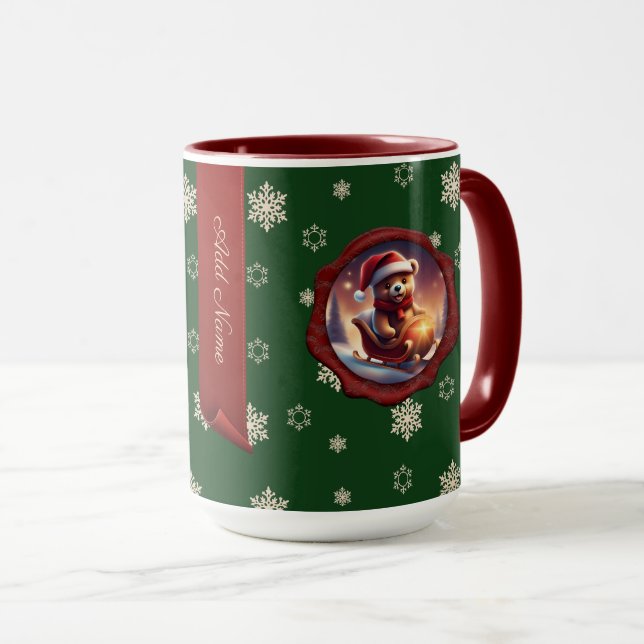 Christmas Teddy Sleigh Personalized Banner Green Mug (Front Right)