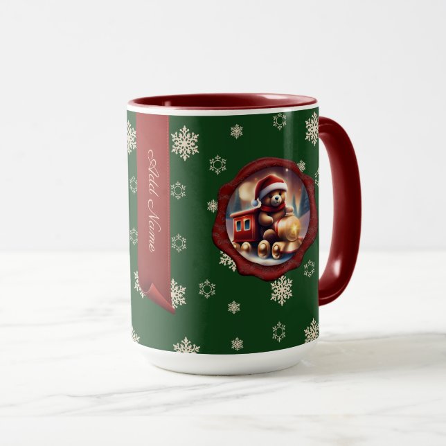 Christmas Teddy Train Personalized Banner Green Mug (Front Right)