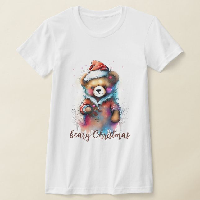 Christmas Teddy with Santa Hat Beary Christmas T-Shirt (Laydown)
