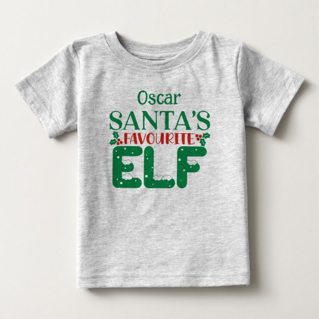 Christmas tee Santa's Favorite Elf. Editable name (Front)