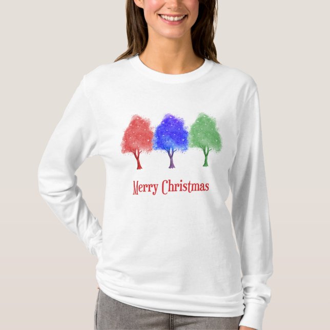 Christmas Tee Shirt with Colorful Sparkling Trees (Front)