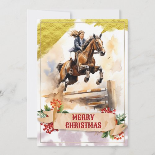Christmas Teen Girl Riding Horse Over Jump Holiday Card