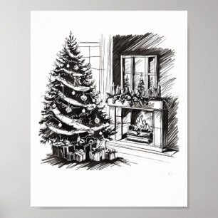 Christmas Tees Xmas Sketch Pic Tree Presents Gifts Poster