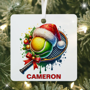 Christmas Tennis Ball & Racket Custom Name Metal Ornament