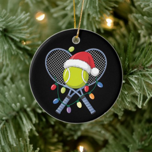 Christmas Tennis Rackets Ball Santa Hat Lights Ceramic Ornament