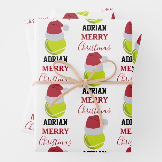 Christmas Tennis Sports Ball Custom Name Wrapping Paper Sheets (In situ)
