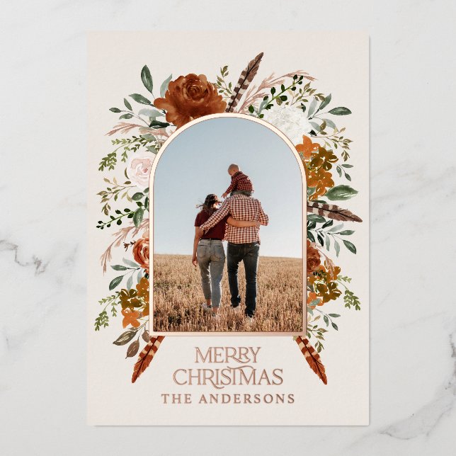Christmas terracotta floral photo elegant rustic f foil holiday card (Front)