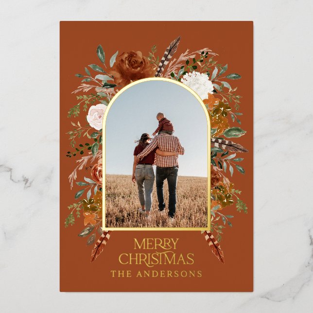 Christmas terracotta floral photo elegant rustic foil holiday card (Front)