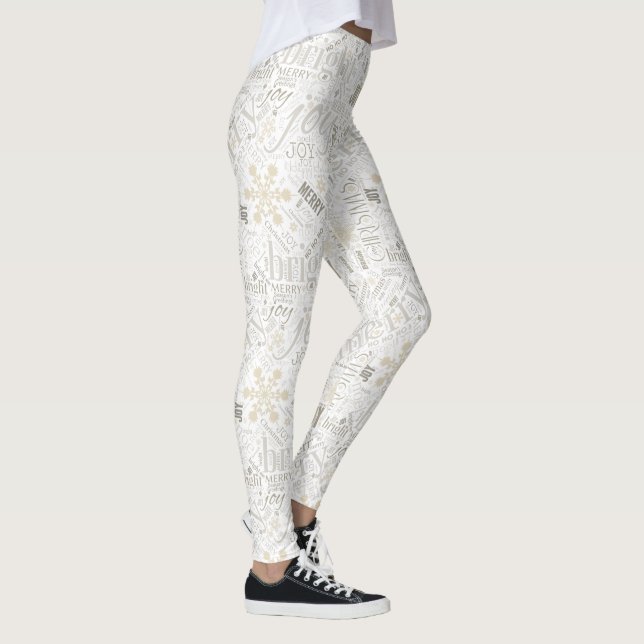 Christmas Text and Snowflake Pattern Gold ID257 Leggings (Right)