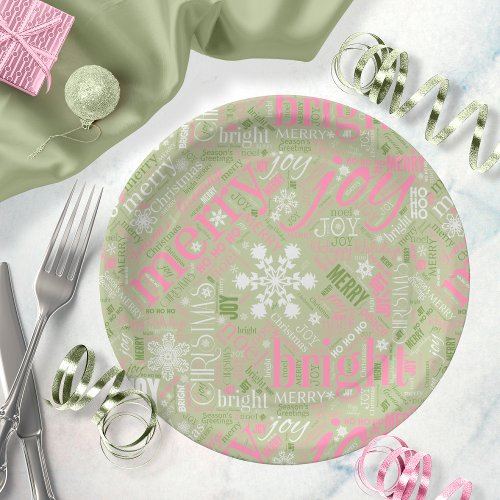 Christmas Text and Snowflake Pattern Pink ID257 Paper Plates