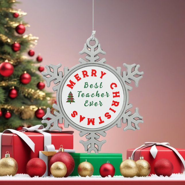 Christmas thank you teacher cute typography snowflake pewter christmas ornament (Creator Uploaded)