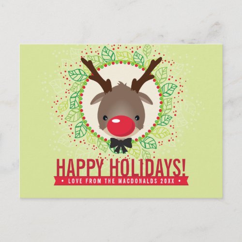 CHRISTMAS THANKS wreath red nose reindeer rudolph Holiday Postcard