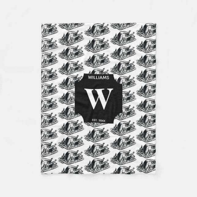 Christmas Thanksgiving Vintage Turkey Monogrammed Fleece Blanket (Front)