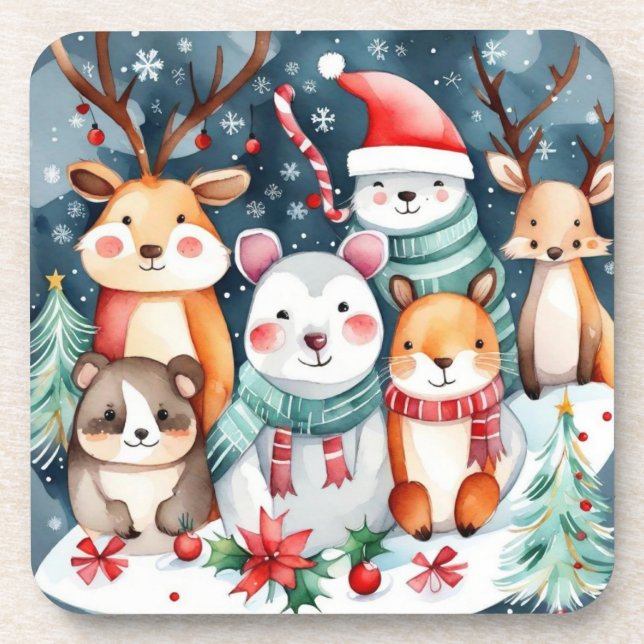 Christmas theme Christmas cute animals  Beverage Coaster (Front)