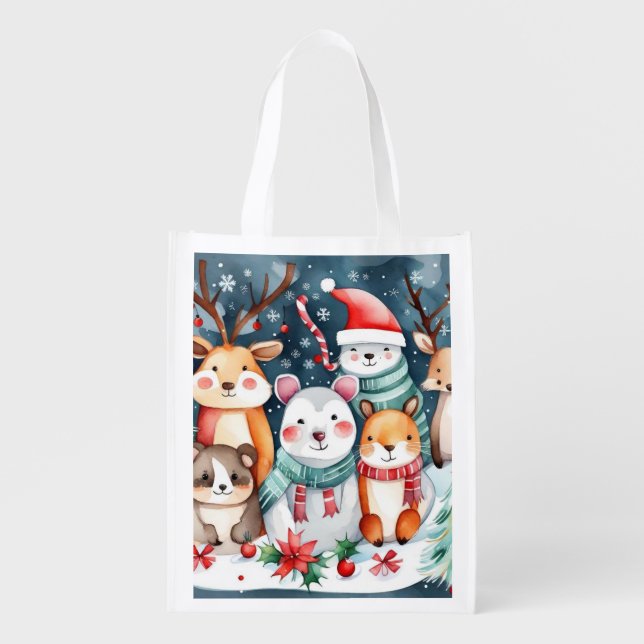 Christmas theme Christmas cute animals  Grocery Bag (Front)