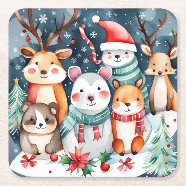 Christmas theme Christmas cute animals  Square Paper Coaster (Front)