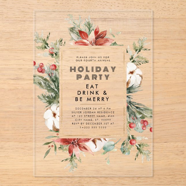 Christmas Theme Floral Frame Holiday Party Acrylic Invitations