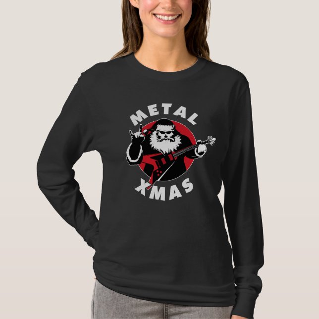 Christmas Theme Heavy Metal Santa Claus Guitarist T-Shirt (Front)