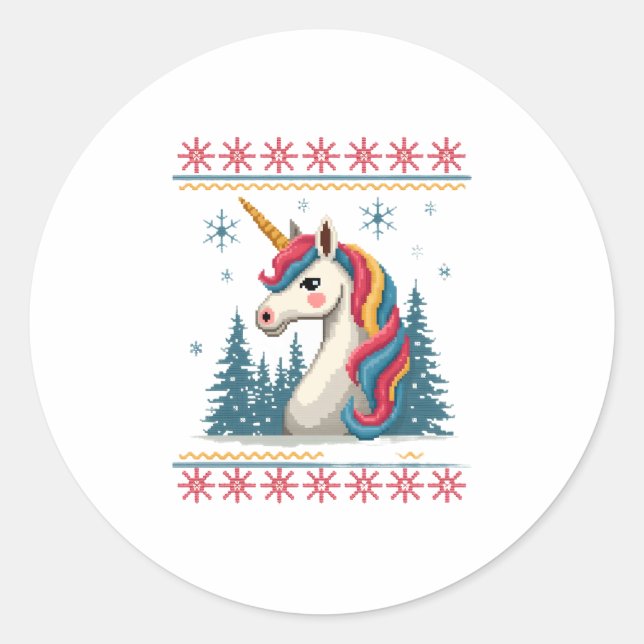 Christmas Theme Knitted Unicorn Unicorns T-Shirt ( Classic Round Sticker (Front)