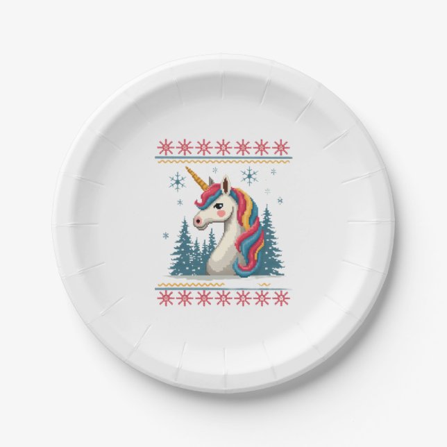 Christmas Theme Knitted Unicorn Unicorns T-Shirt ( Paper Plates (Front)