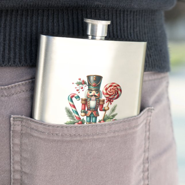 Christmas Theme Nutcracker Candy Cane Custom Text Flask (In Situ)