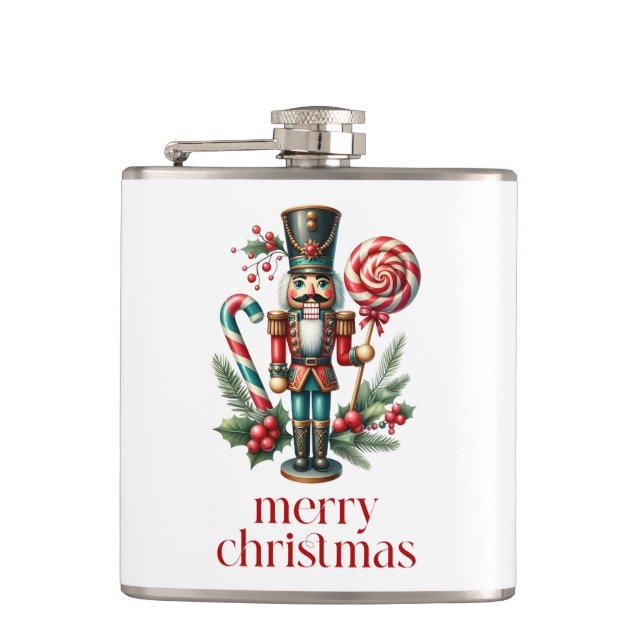 Christmas Theme Nutcracker Candy Cane Custom Text Flask (Front)