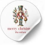 Christmas Theme Nutcracker Classic Round Sticker<br><div class="desc">This festive Christmas-themed design features a beautiful Nutcracker and a Merry Christmas red retro typography on a white background
Personalizable family name. Reversed colors are available.</div>