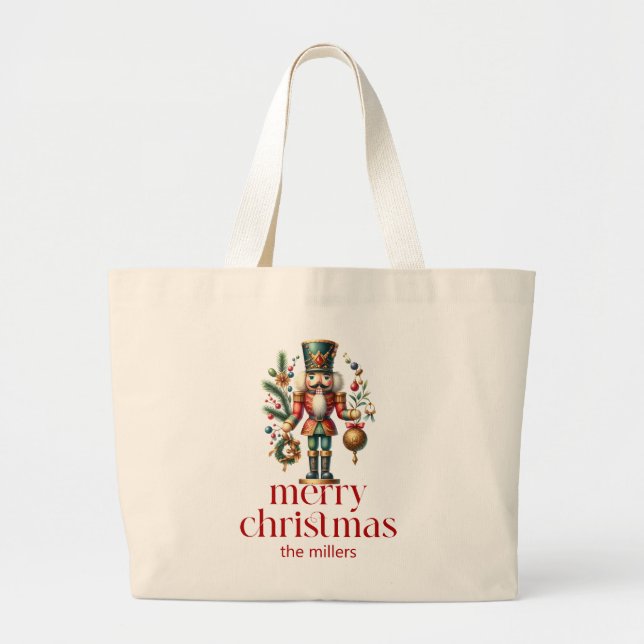 Christmas Theme Nutcracker Red Retro Typography Large Tote Bag (Front)