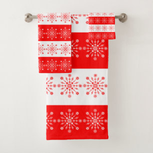 Christmas Theme Red White Stripes Snowflakes Bath Towel Set