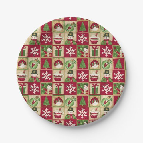 Christmas Theme Snowman Snowflakes Red Green Gold  Paper Plates