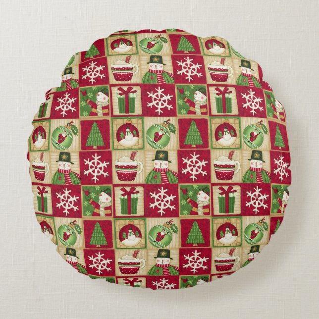 Christmas Theme Snowman Snowflakes Red Green Gold Round Pillow (Front)